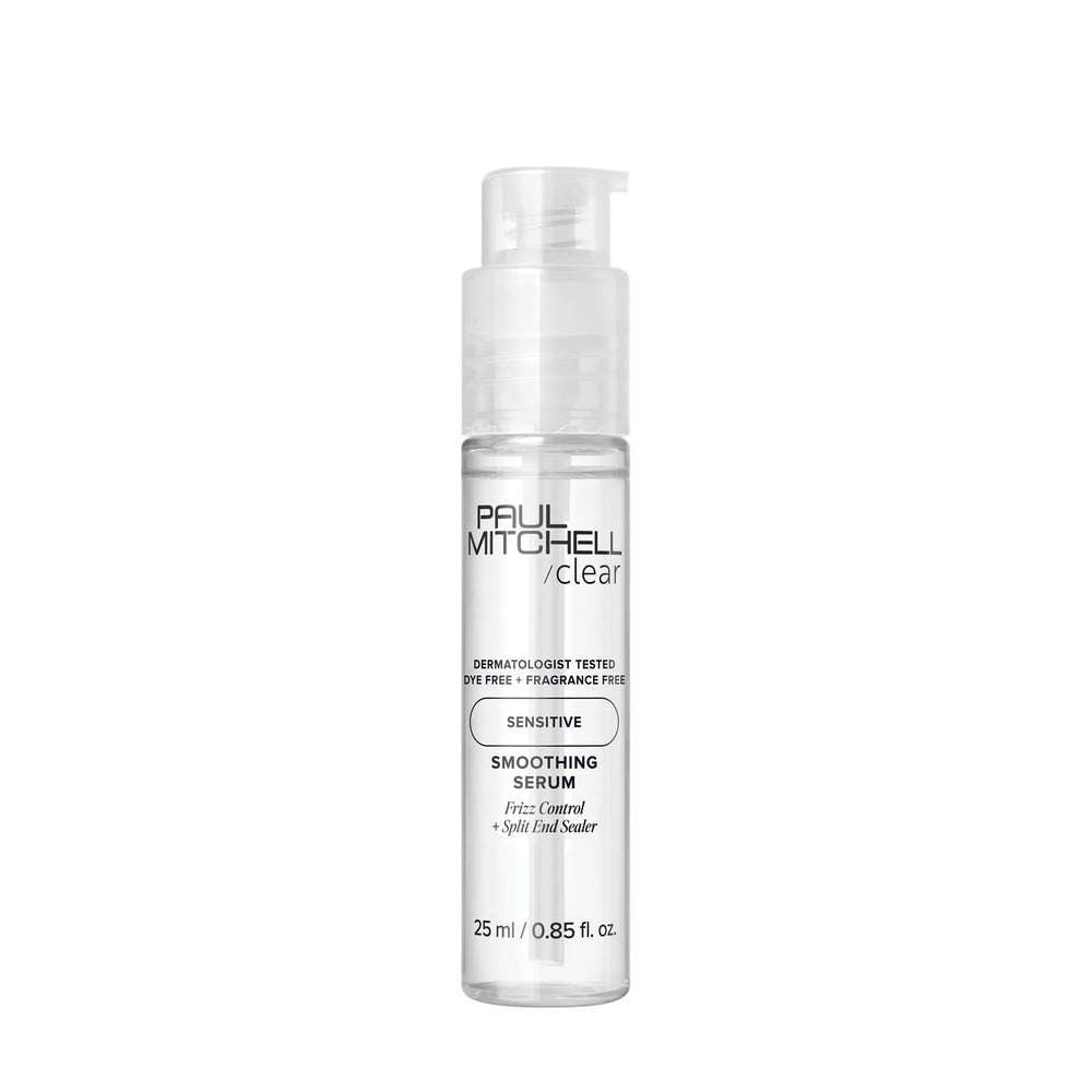 Paul Mitchell Clear Smoothing Serum bottle close-up highlighting lightweight frizz control.