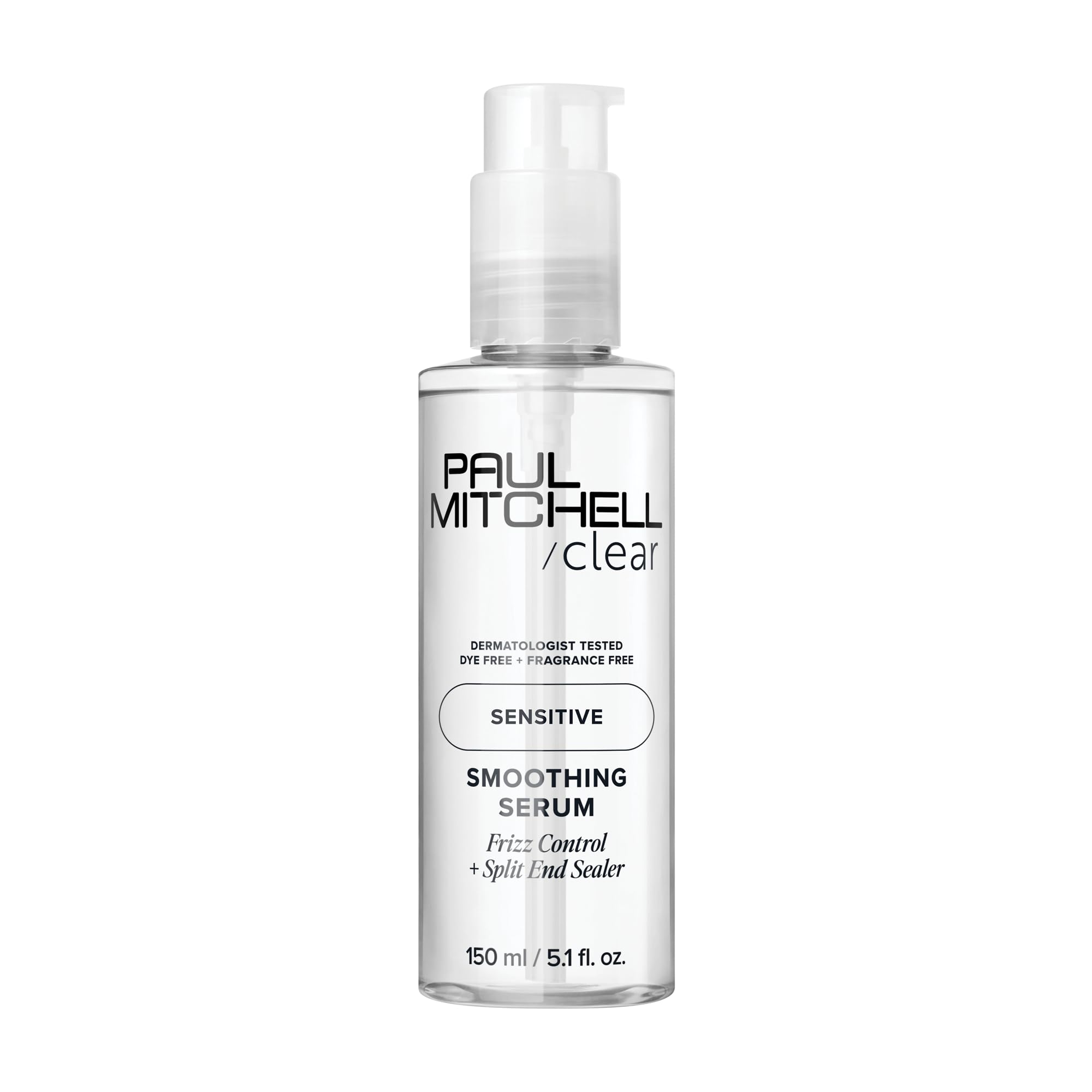 Paul Mitchell Clear Smoothing Serum bottle shows fragrance-free formula for sensitive scalps.