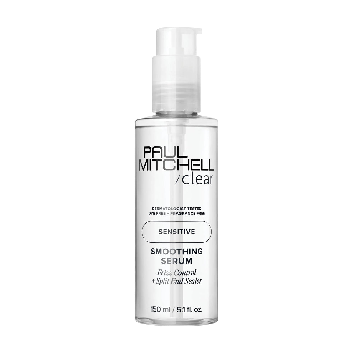 Paul Mitchell Clear Smoothing Serum bottle shows fragrance-free formula for sensitive scalps.