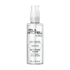 Paul Mitchell Clear Smoothing Serum bottle shows fragrance-free formula for sensitive scalps.