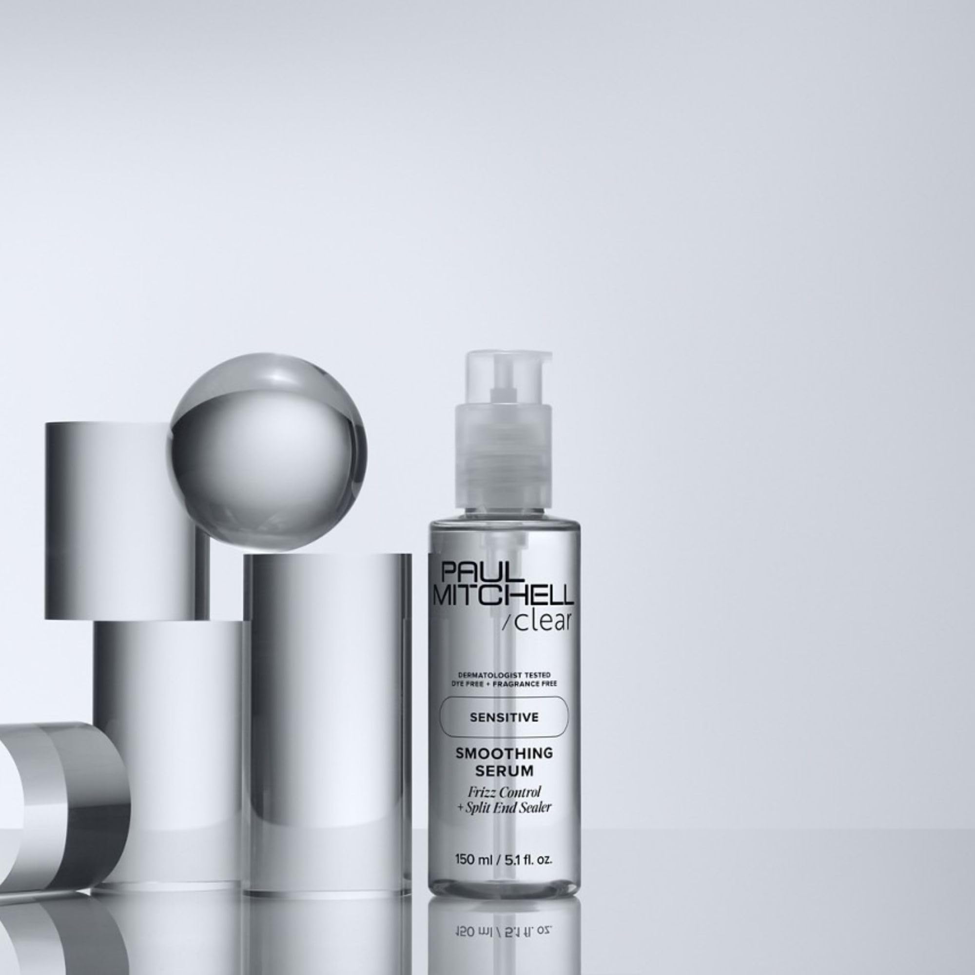 Paul Mitchell Clear Smoothing Serum packaging highlights dermatologist-tested formula.