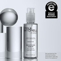 Paul Mitchell Clear Smoothing Serum being applied to hair for faster, smoother blow-dry.