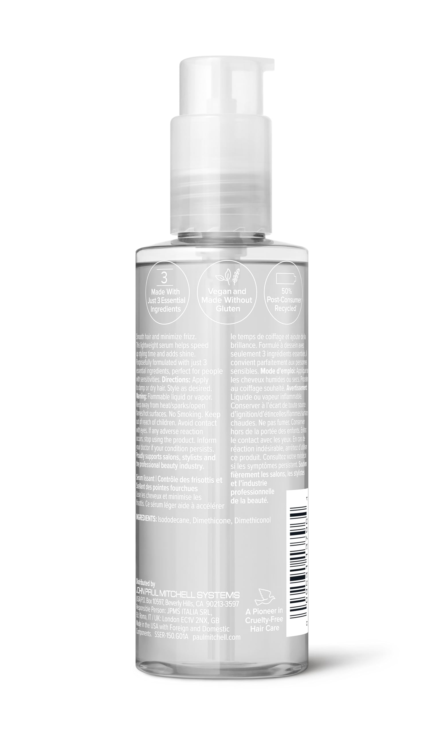 Paul Mitchell Clear Smoothing Serum packaging uses post-consumer recycled materials.