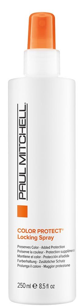 Paul Mitchell Color Protect Locking Spray bottle application boosts color retention and shine.