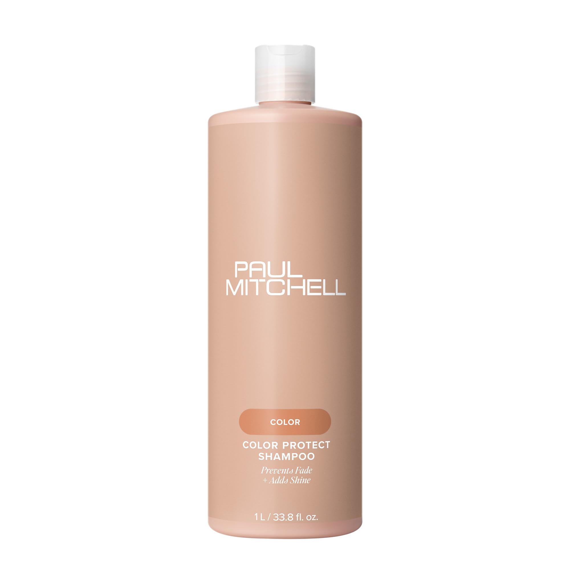 Paul Mitchell Color Protect Shampoo bottle shows color protection and shine benefits.