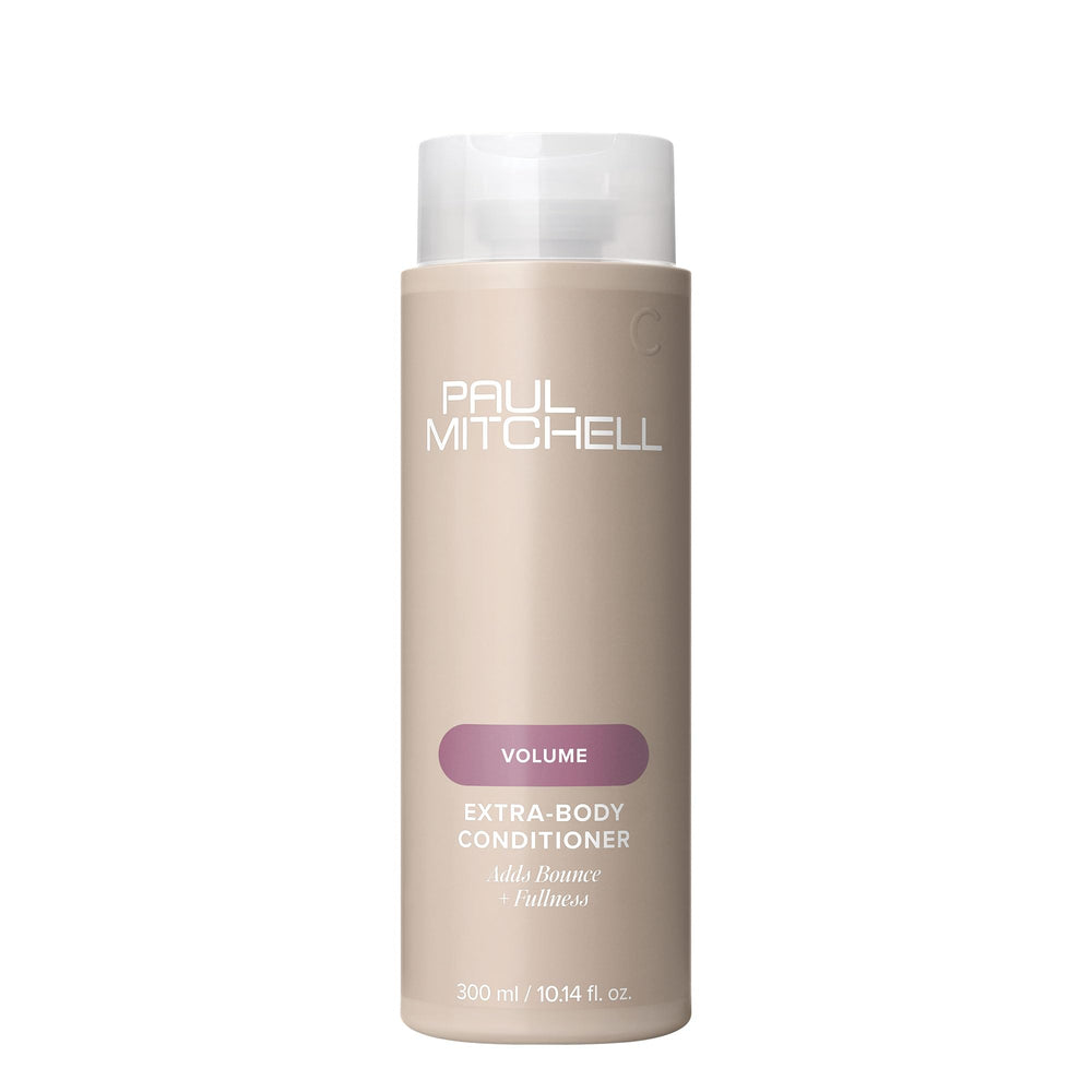 Paul Mitchell Extra-Body Conditioner bottle demonstrates volumizing care for fine hair.