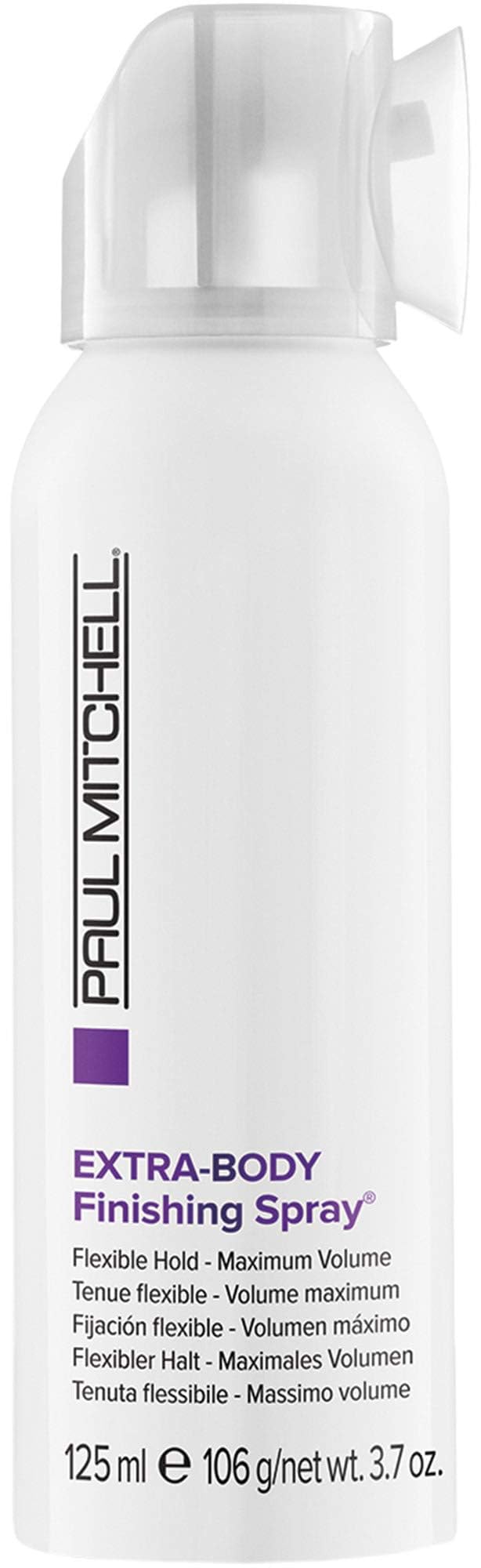 Paul Mitchell Extra-Body Finishing Spray bottle front offers volume boost.