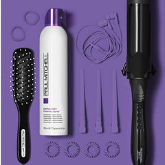 Paul Mitchell Extra-Body Finishing Spray on hair with crisp apple fragrance.