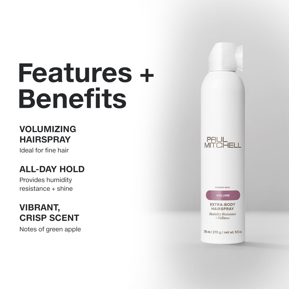Paul Mitchell Extra-Body Hairspray close-up volume demonstrates body-building ingredients