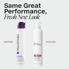 Paul Mitchell Extra-Body Hairspray spray-action view highlights quick-dry, flexible hold