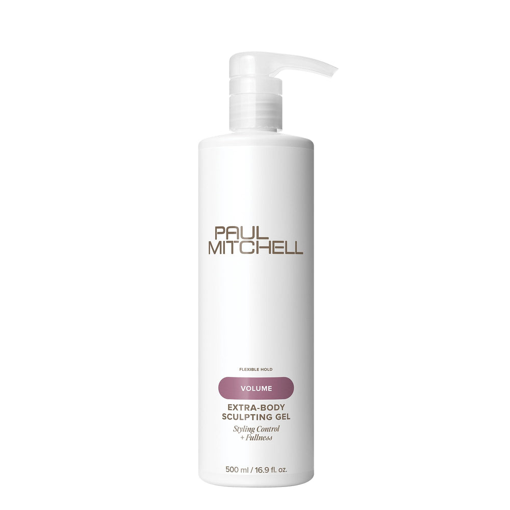 Paul Mitchell Extra-Body Sculpting Gel bottle shows volume enhancement for fine hair.