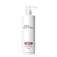 Paul Mitchell Extra-Body Sculpting Gel bottle shows volume enhancement for fine hair.