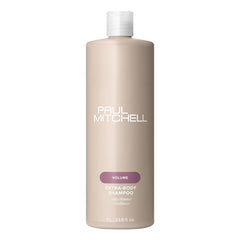 Paul Mitchell Extra-Body Shampoo bottle front shows volume-boosting formula for fine hair.