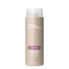 Paul Mitchell Extra-Body Shampoo bottle showcasing volumizing formula for fine hair.