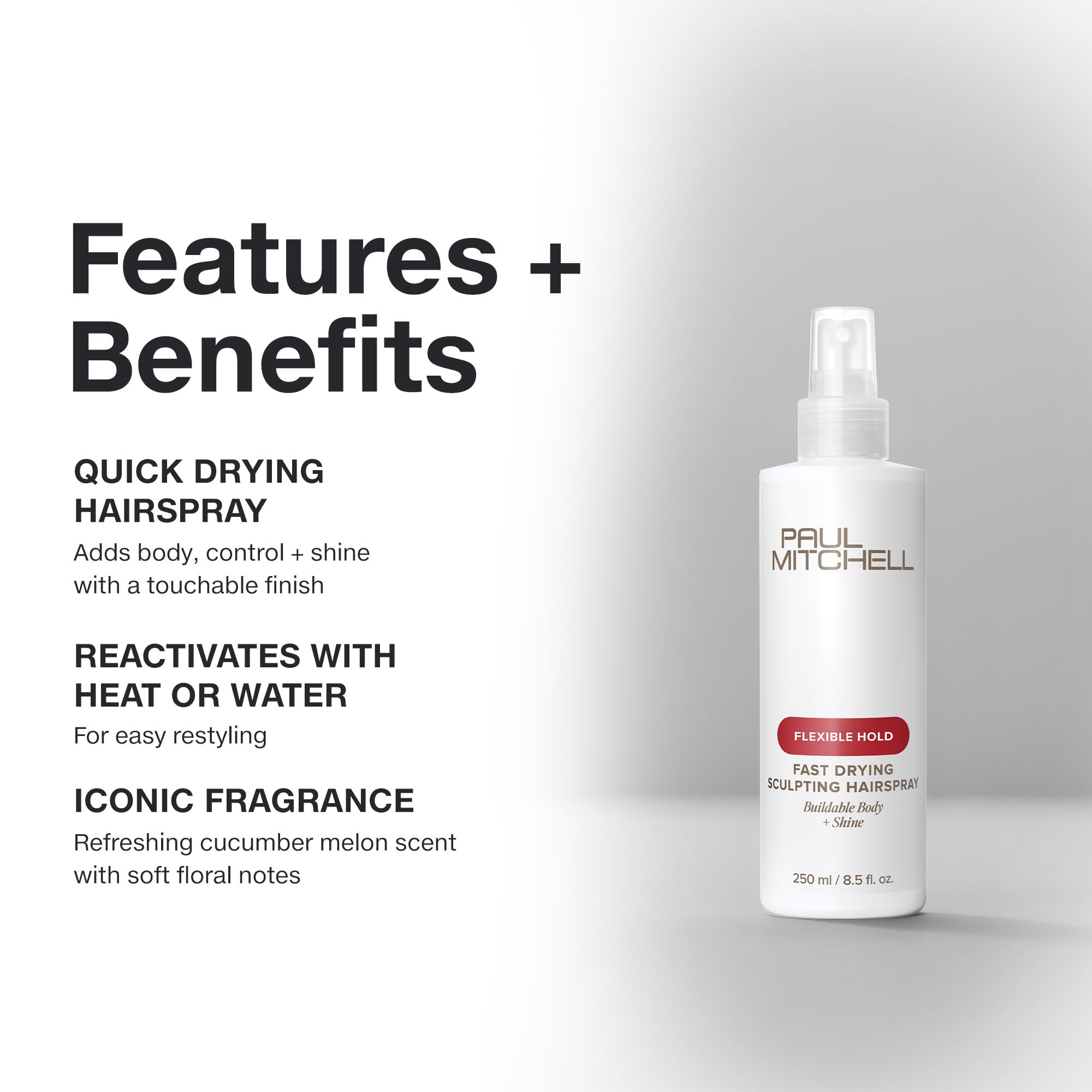 Paul Mitchell fast-drying hairspray close-up shows lightweight control for sleek looks