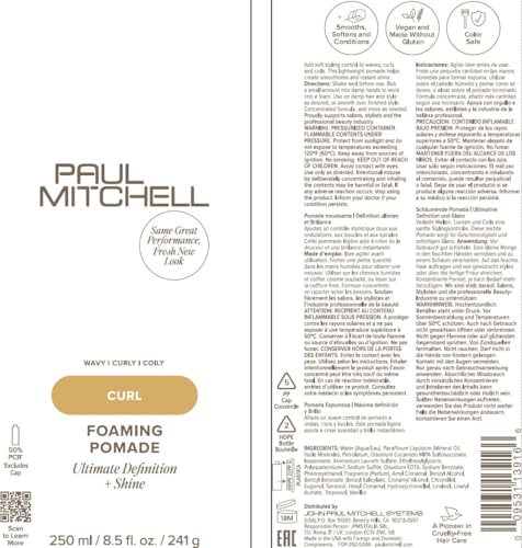 Label detail of Paul Mitchell Foaming Pomade emphasizing recyclable design.