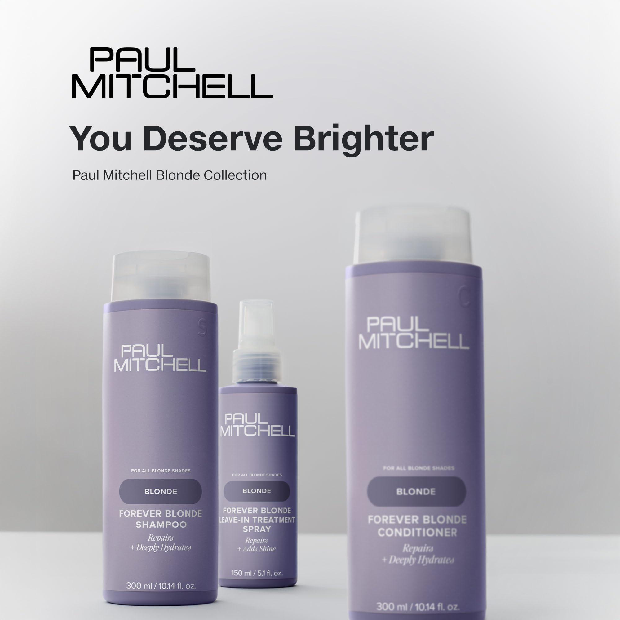 Paul Mitchell Forever Blonde bottle close-up highlights vibrant, healthy-looking hair