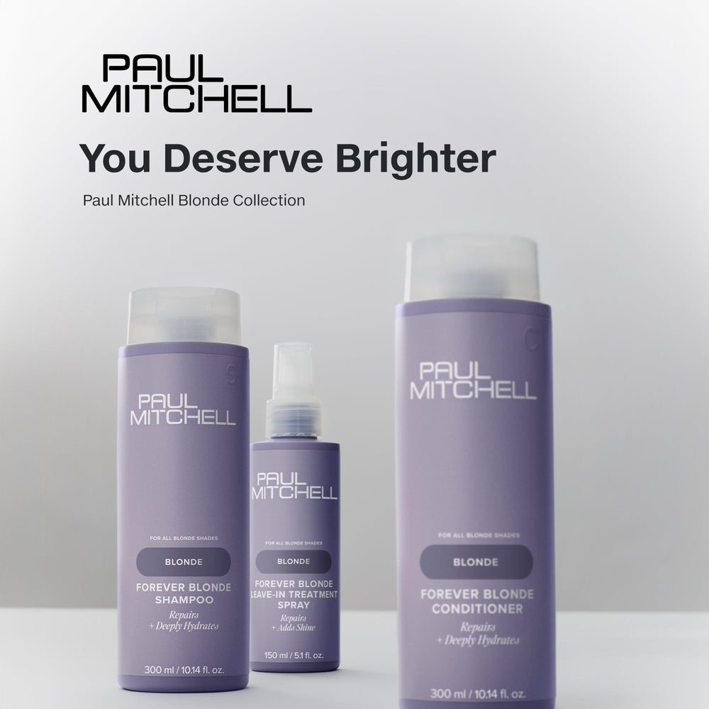 Paul Mitchell Forever Blonde bottle close-up highlights vibrant, healthy-looking hair