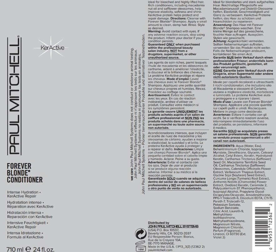 Paul Mitchell Forever Blonde Conditioner ingredients list featuring KerActive and safflower oleosomes