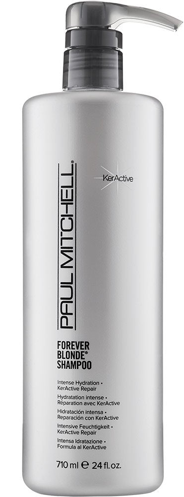 Paul Mitchell Forever Blonde shampoo bottle pour shows gentle cleansing for bleached hair.