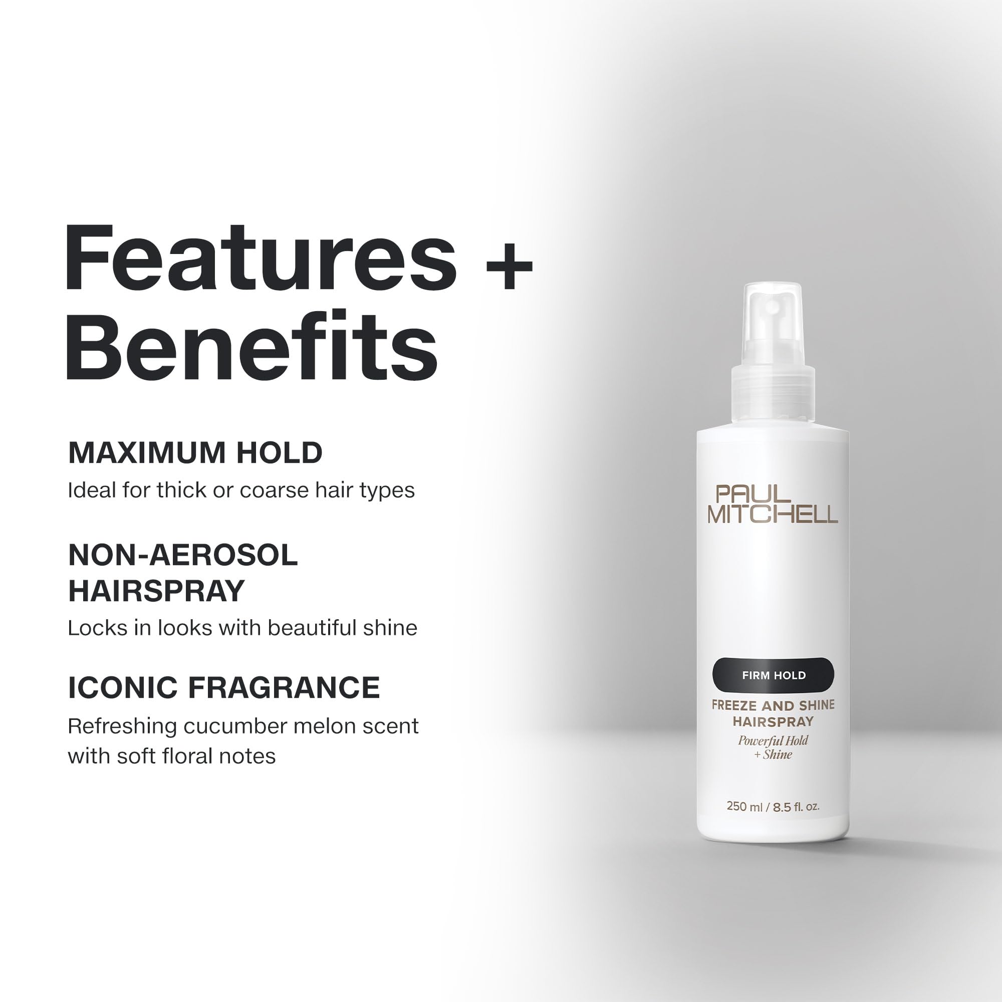 Paul Mitchell Freeze and Shine finish emphasizes a glossy, polished look.