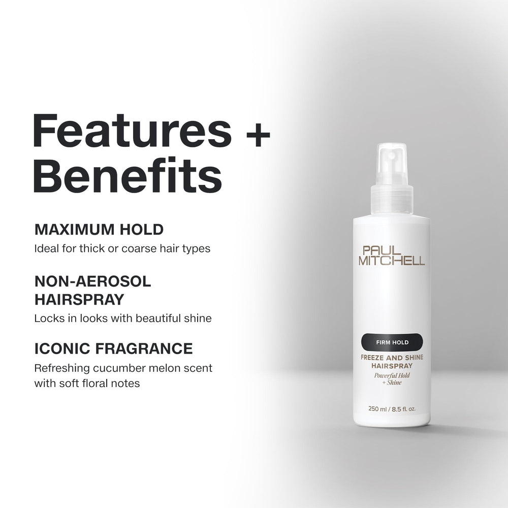 Paul Mitchell Freeze and Shine finish emphasizes a glossy, polished look.