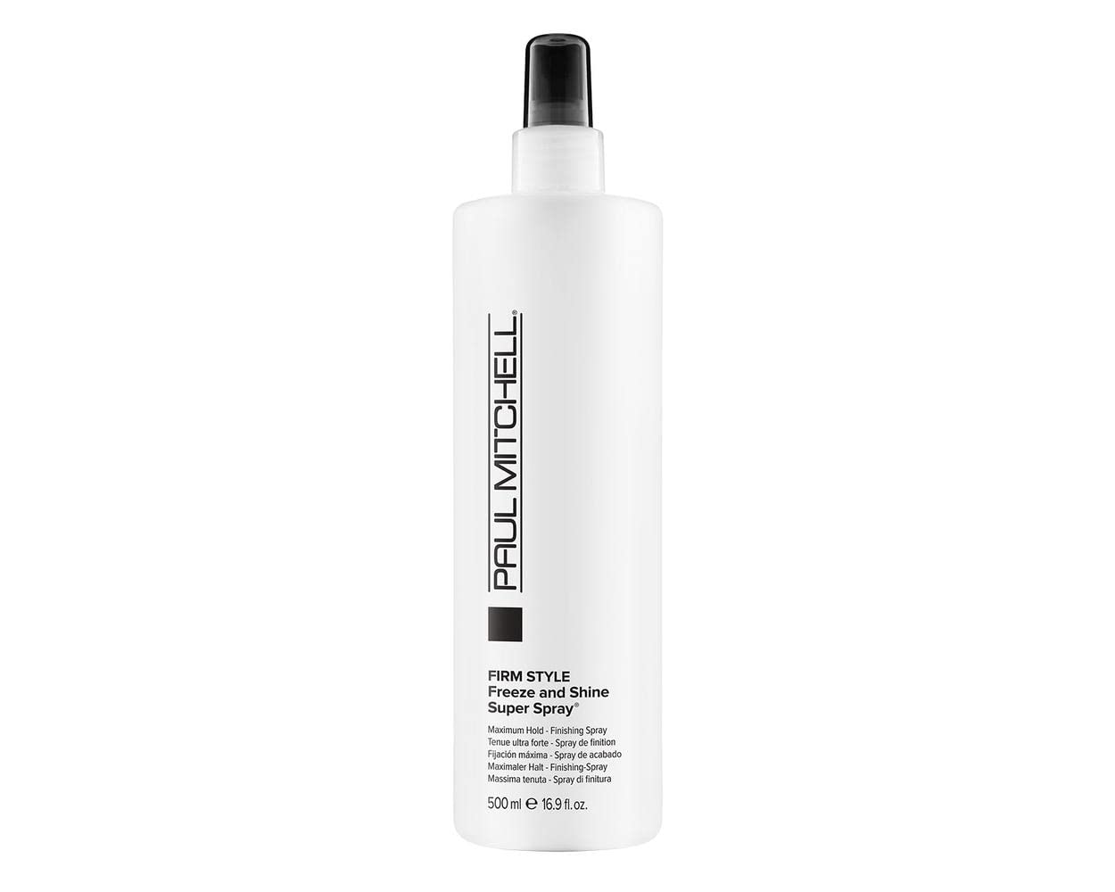 Paul Mitchell Freeze and Shine hairspray bottle closeup shows powerful hold and high shine for coarse hair.