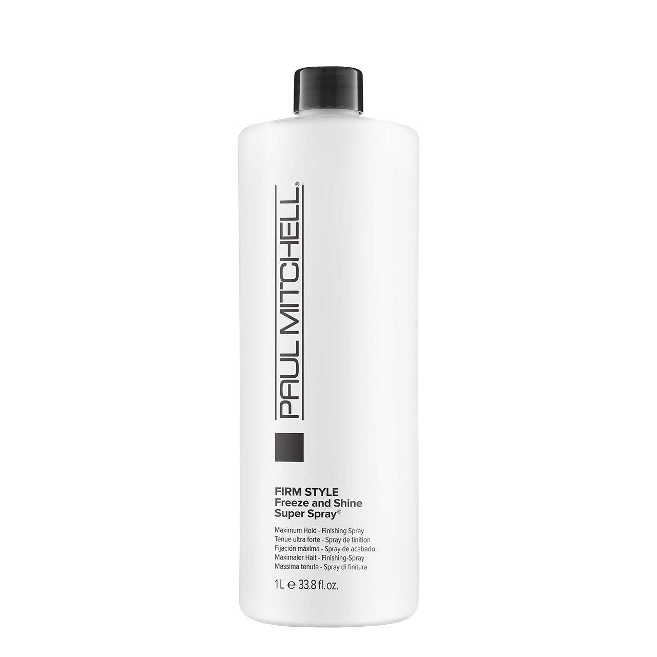 Paul Mitchell Freeze and Shine hairspray bottle showcases maximum hold with high shine.