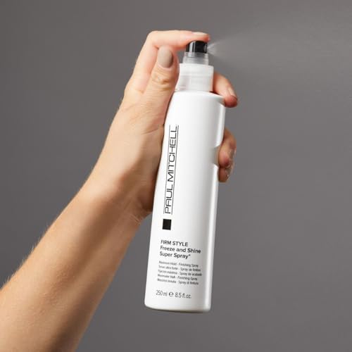 Paul Mitchell Freeze and Shine bottle application shows glossy finish and long-lasting style.