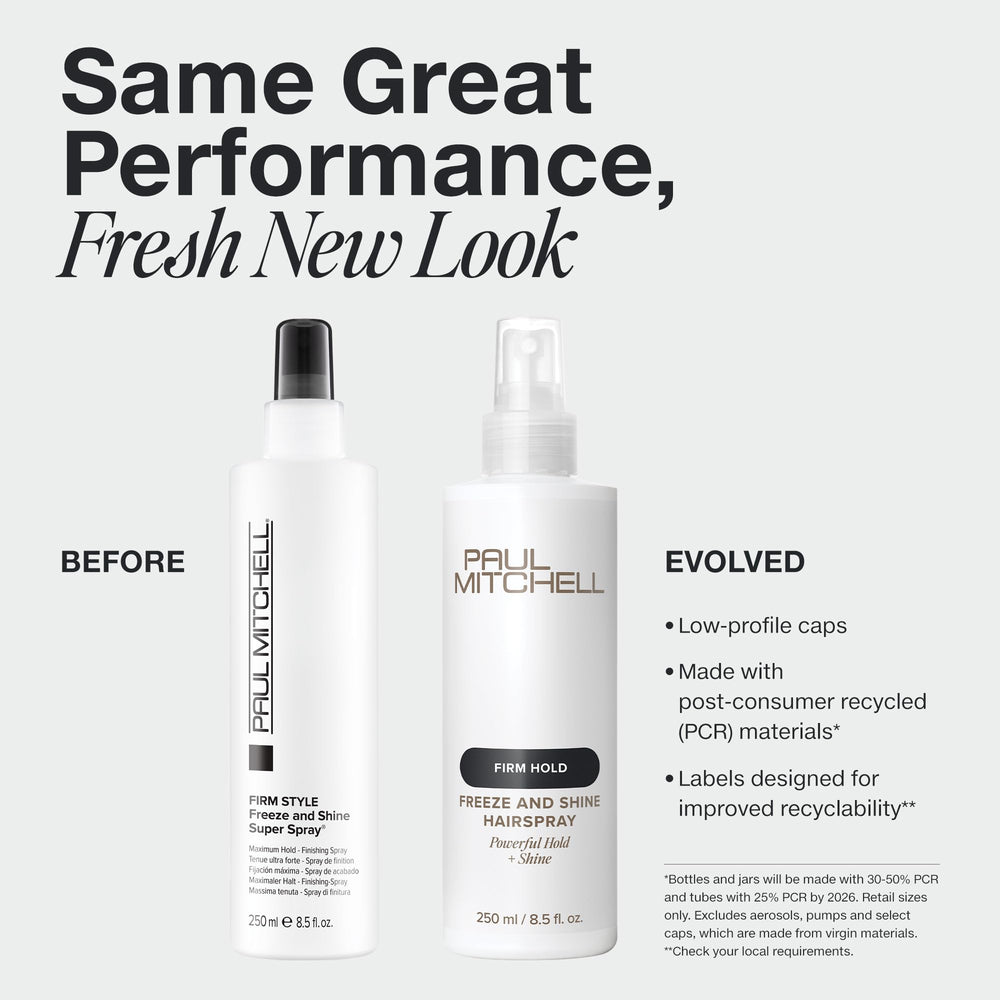 Paul Mitchell Freeze and Shine spray misting action highlights quick set and even hold.