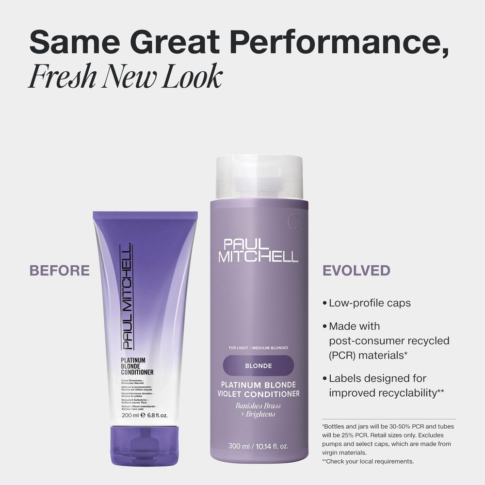 Paul Mitchell Platinum Blonde Violet Conditioner bottle back label highlights nourishing ingredients for soft, hydrated hair.