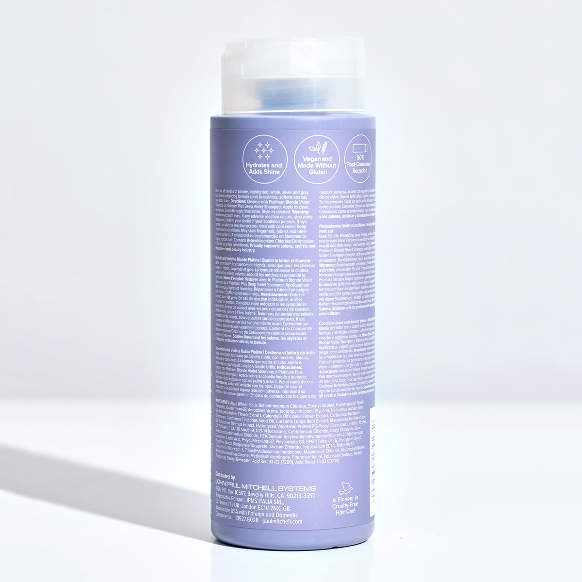 Paul Mitchell Platinum Blonde Violet Conditioner bottle with cucumber-melon fragrance note.