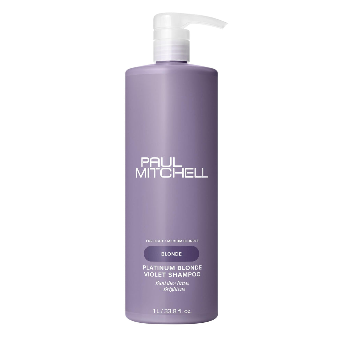 Paul Mitchell Platinum Blonde Violet Shampoo bottle pouring to banish brass and hydrate