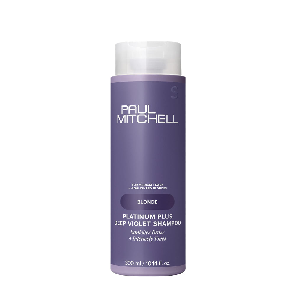 Paul Mitchell Platinum Plus Deep Violet Shampoo bottle front, toning formula targets brass.