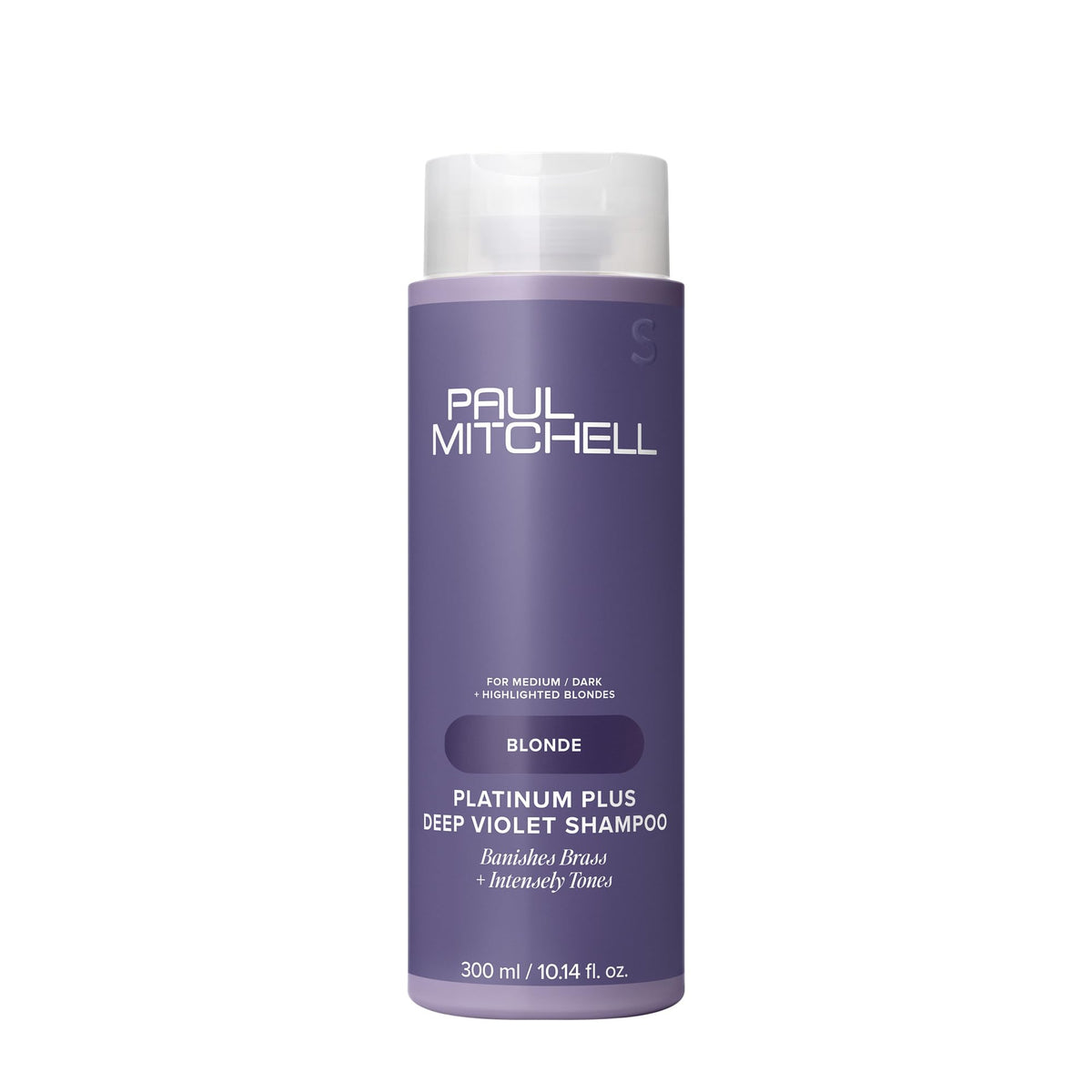 Paul Mitchell Platinum Plus Deep Violet Shampoo bottle front, toning formula targets brass.