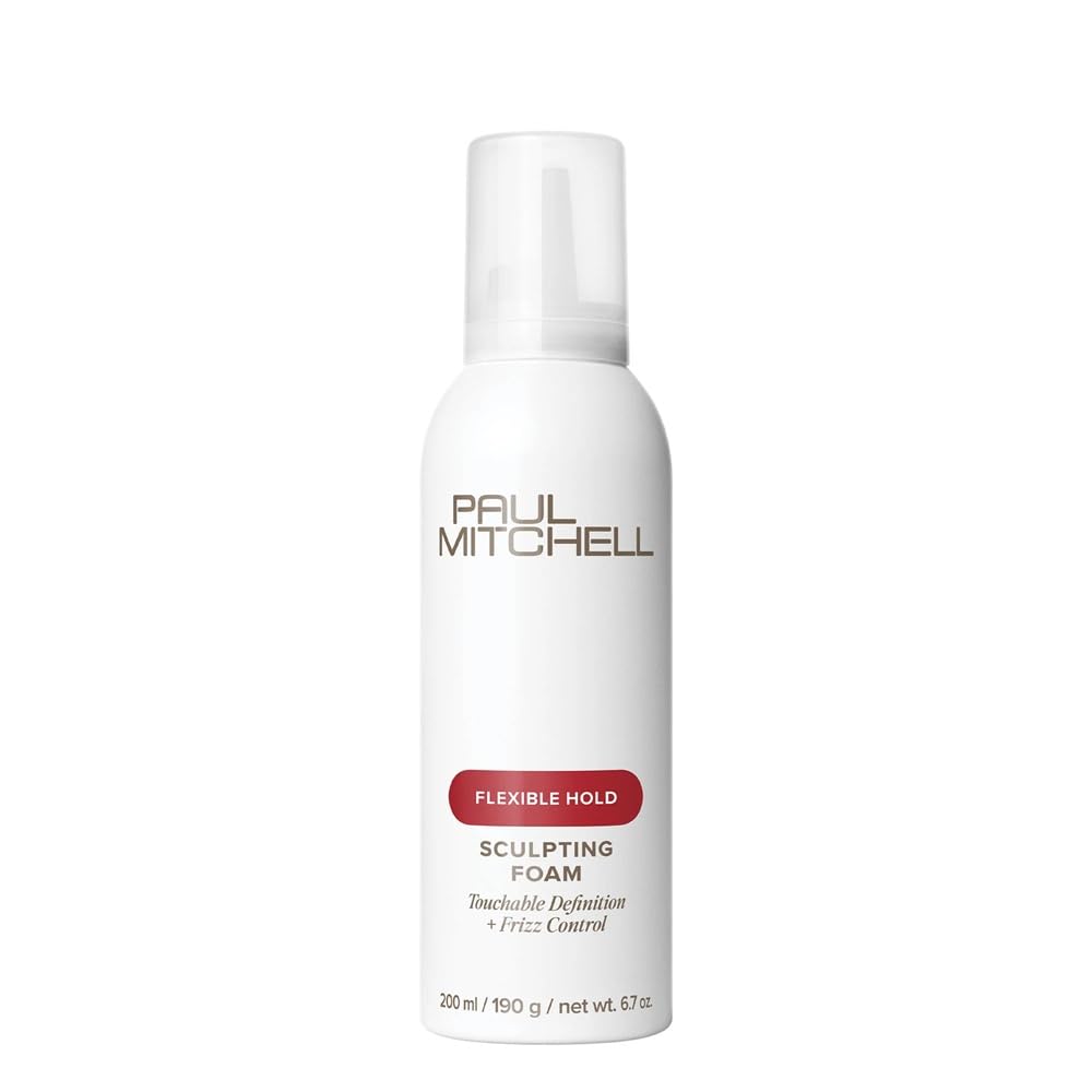 Paul Mitchell Sculpting Foam bottle closeup showing frizz control capability.