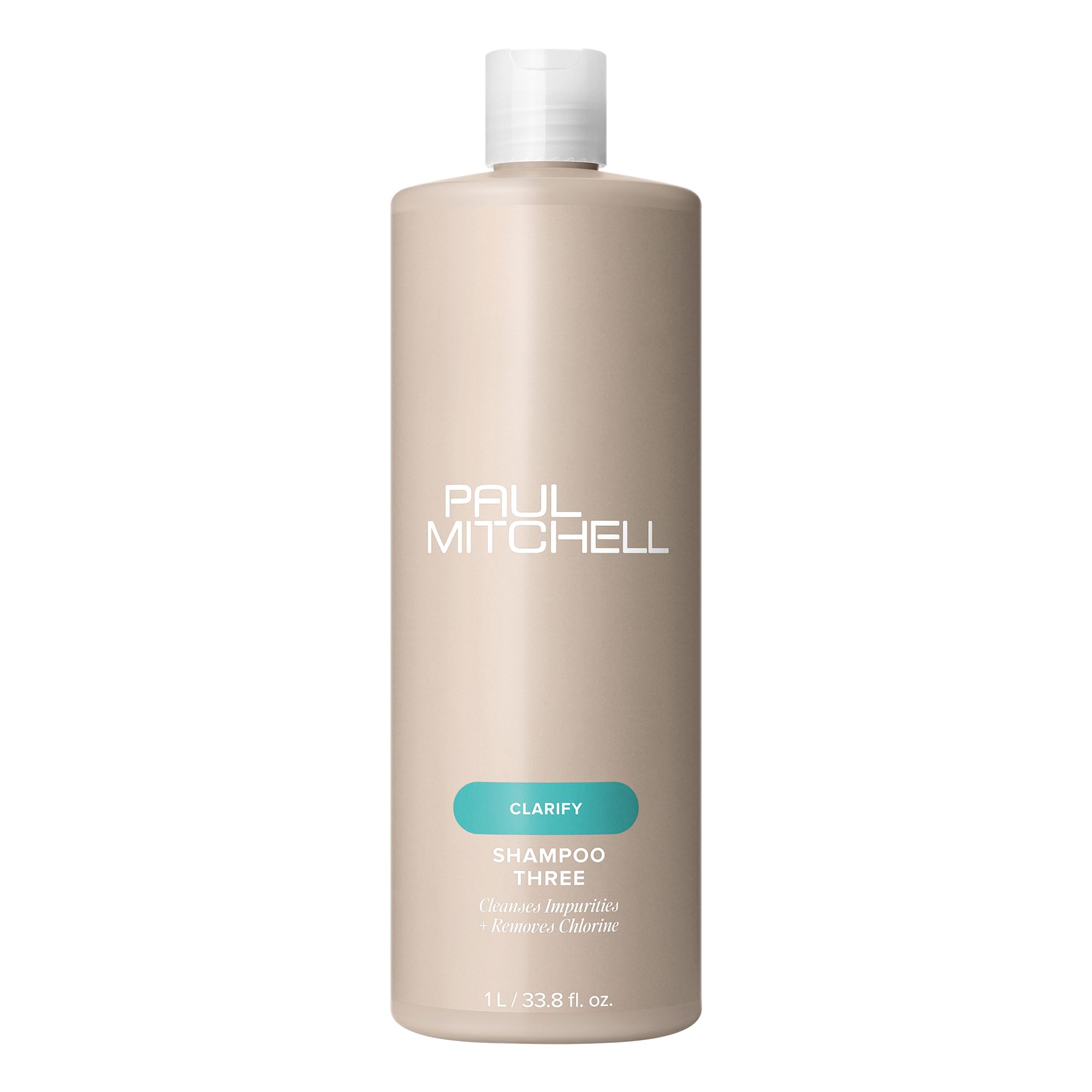 Paul Mitchell Shampoo Three bottle close-up demonstrates clarifying cleanse for swimmer-treated hair.