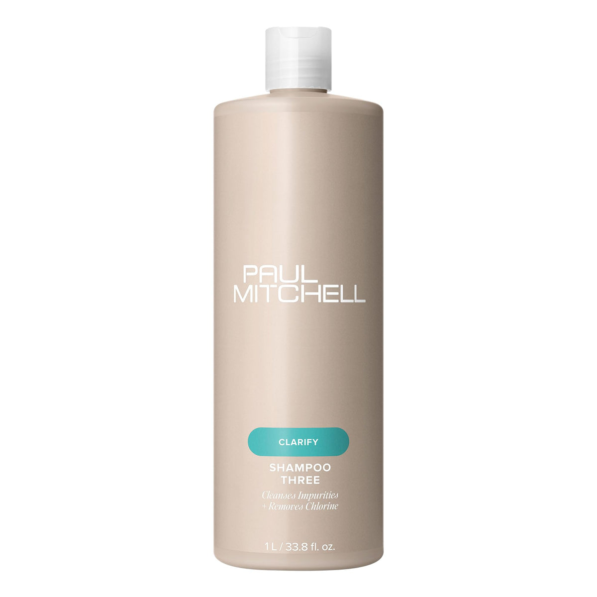 Paul Mitchell Shampoo Three bottle close-up demonstrates clarifying cleanse for swimmer-treated hair.