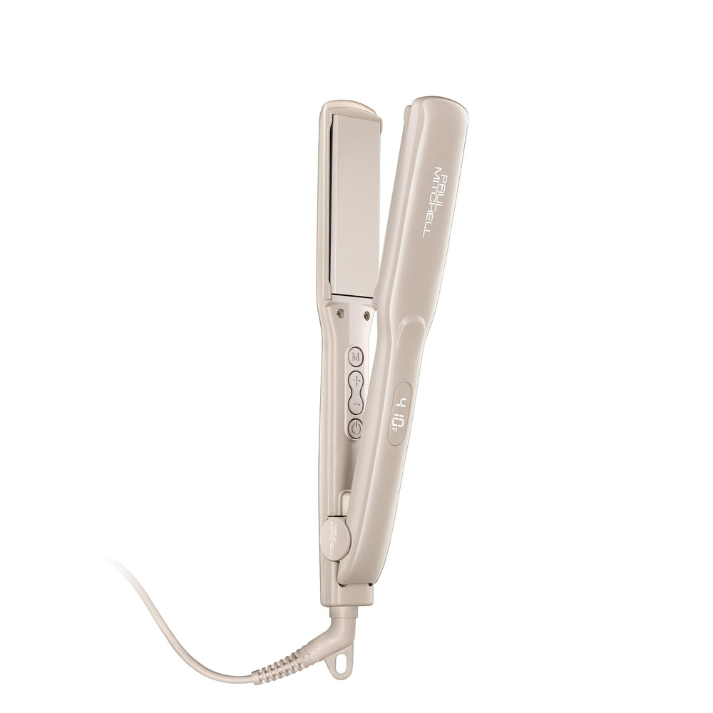 Paul Mitchell Smooth+ flat iron close-up of ceramic plates for smooth glide and shine.