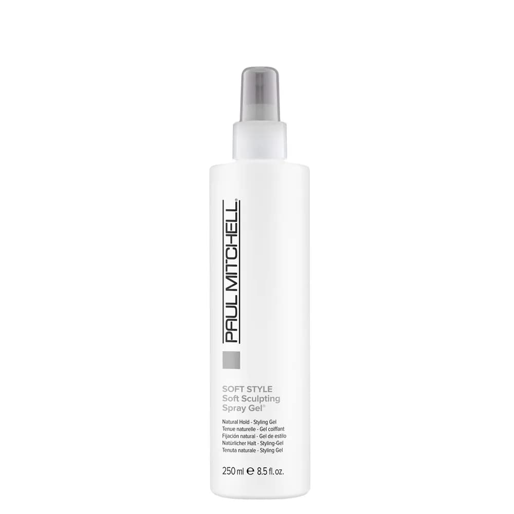 Paul Mitchell Soft Sculpting Spray Gel bottle shows lightweight hold for natural-looking style.