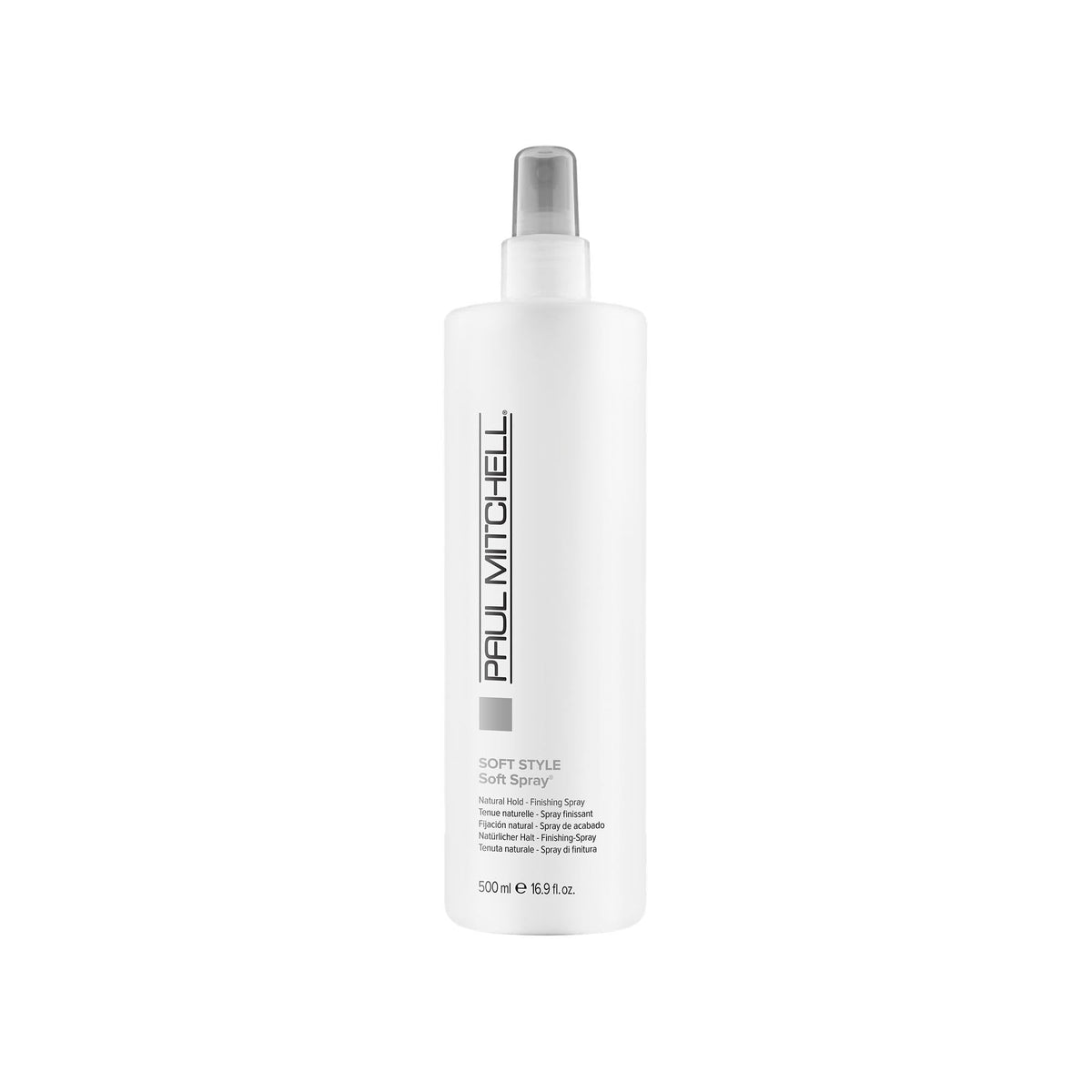 Paul Mitchell Soft Spray bottle front demonstrates lightweight, brushable hold for everyday styling.