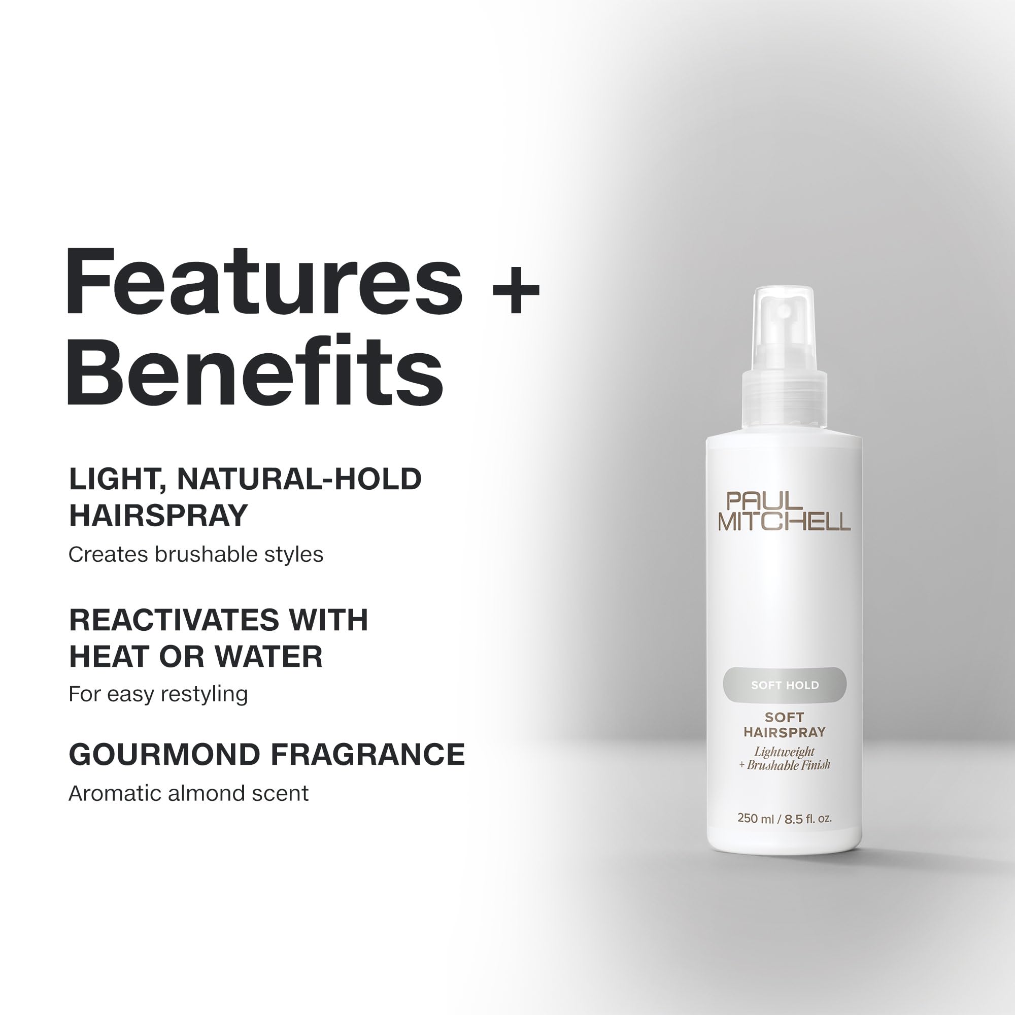Paul Mitchell Soft Spray promotes a brushable hold with flexible memory.