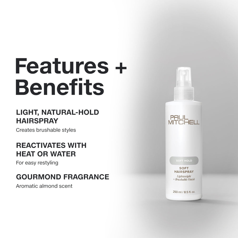 Paul Mitchell Soft Spray promotes a brushable hold with flexible memory.