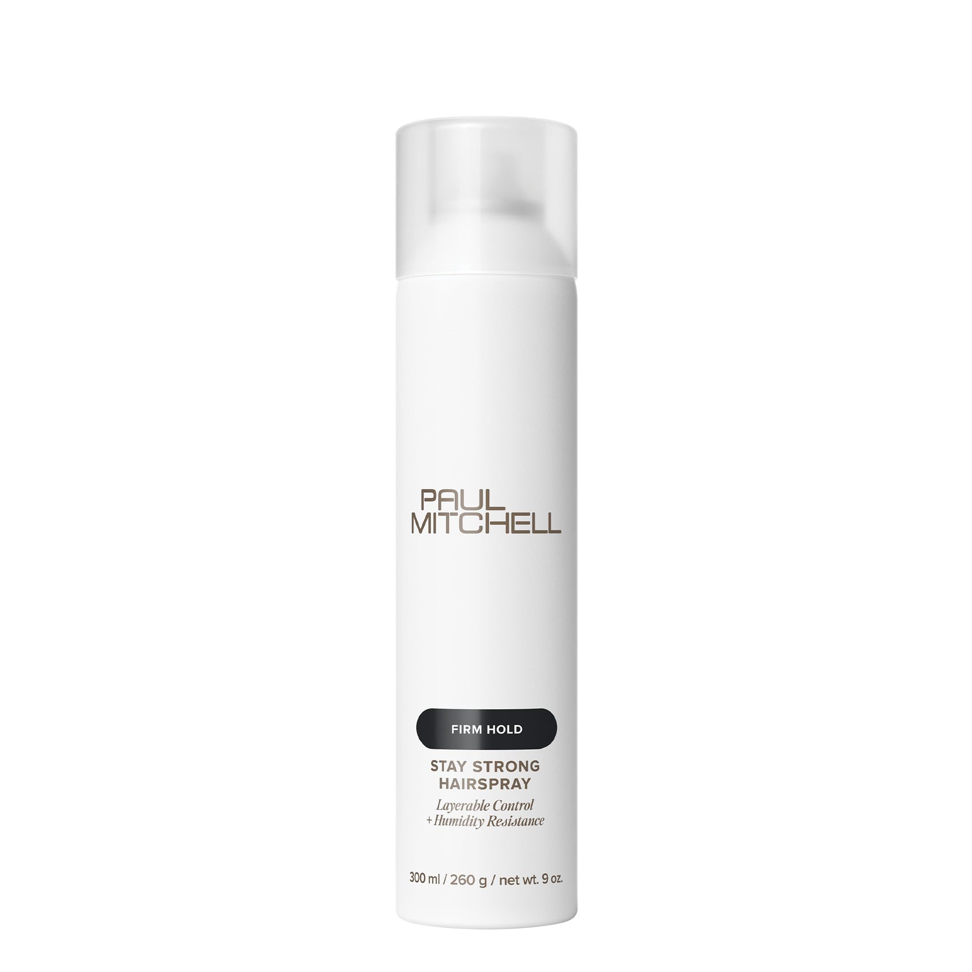 Paul Mitchell Stay Strong Hairspray bottle demonstrates a fine mist for layered hold.