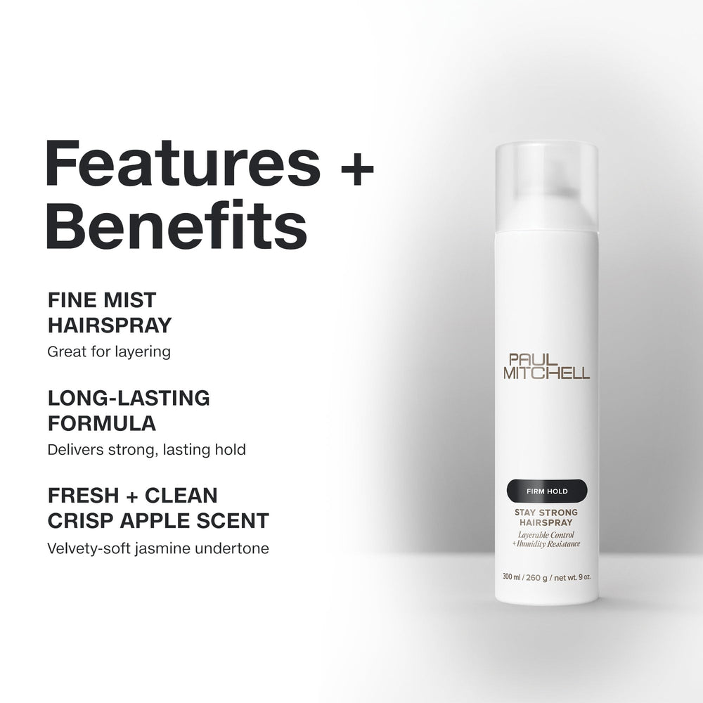 Paul Mitchell Stay Strong Hairspray shows humidity resistance to reduce frizz.