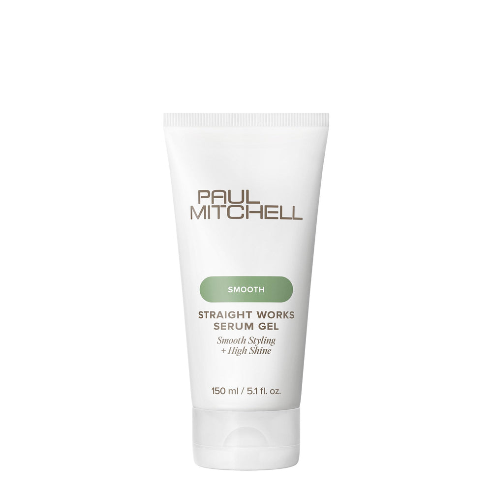 Paul Mitchell Straight Works Gel bottle close-up showing smoothing styling for frizzy hair