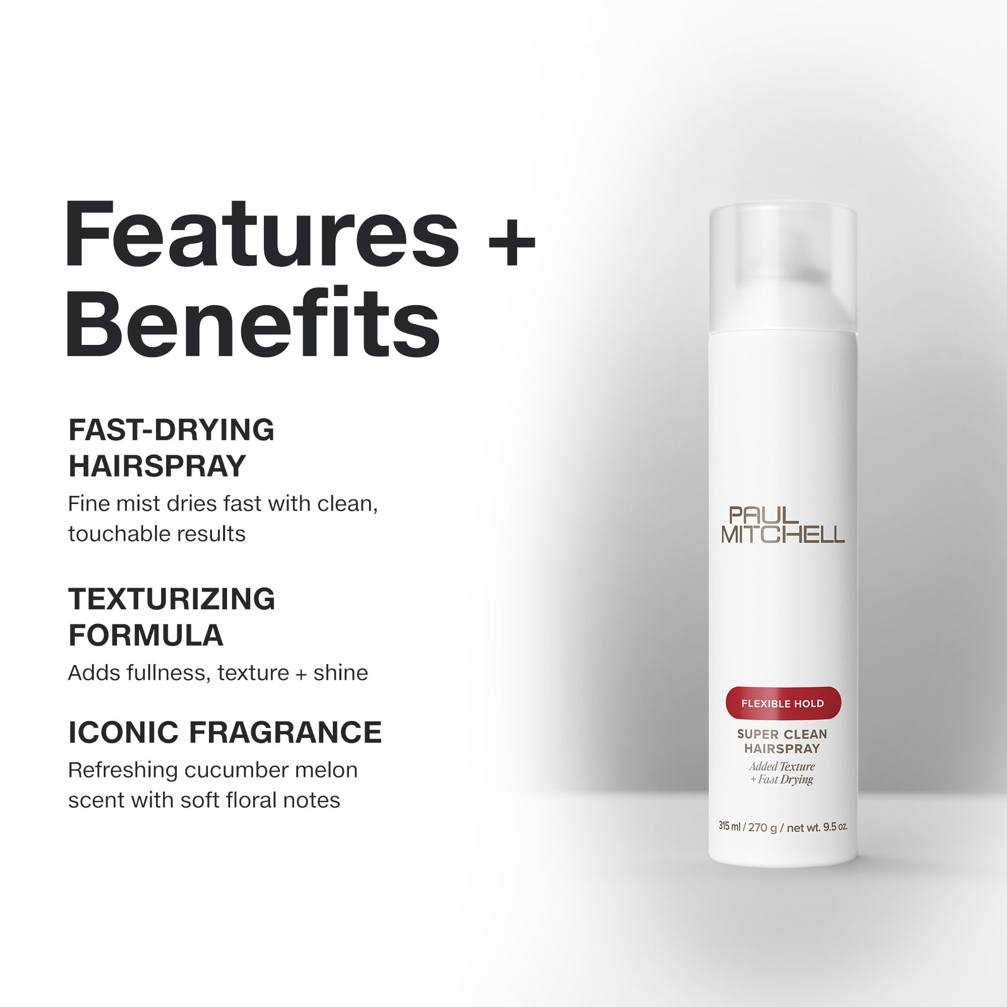 Hand holds spray delivering quick-dry action and clean, touchable finish on hair.