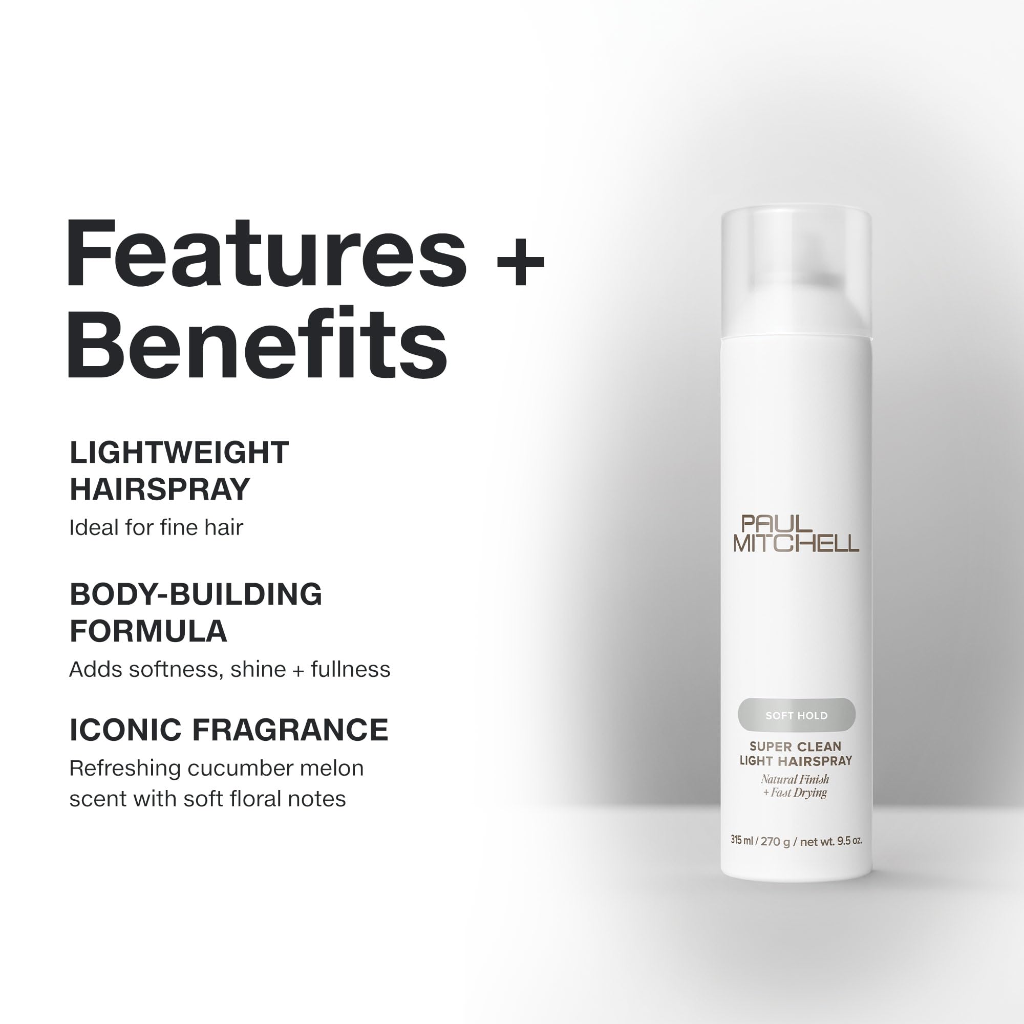 Paul Mitchell Super Clean Light Hairspray bottle front shows slim design for on-the-go styling