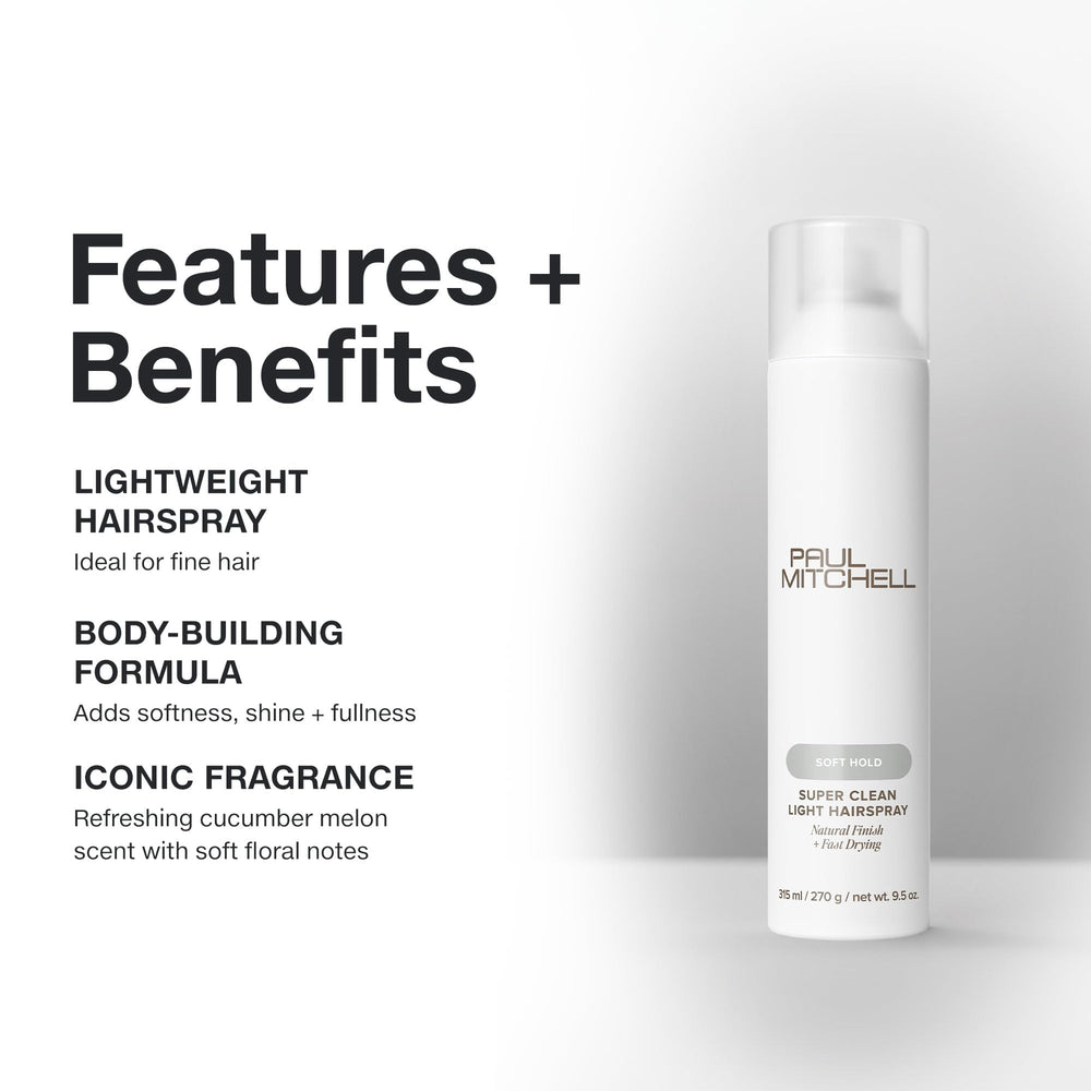 Paul Mitchell Super Clean Light Hairspray bottle front shows slim design for on-the-go styling