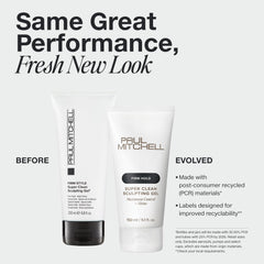 Paul Mitchell Super Clean Sculpting Gel hair closeup highlighting maximum control.